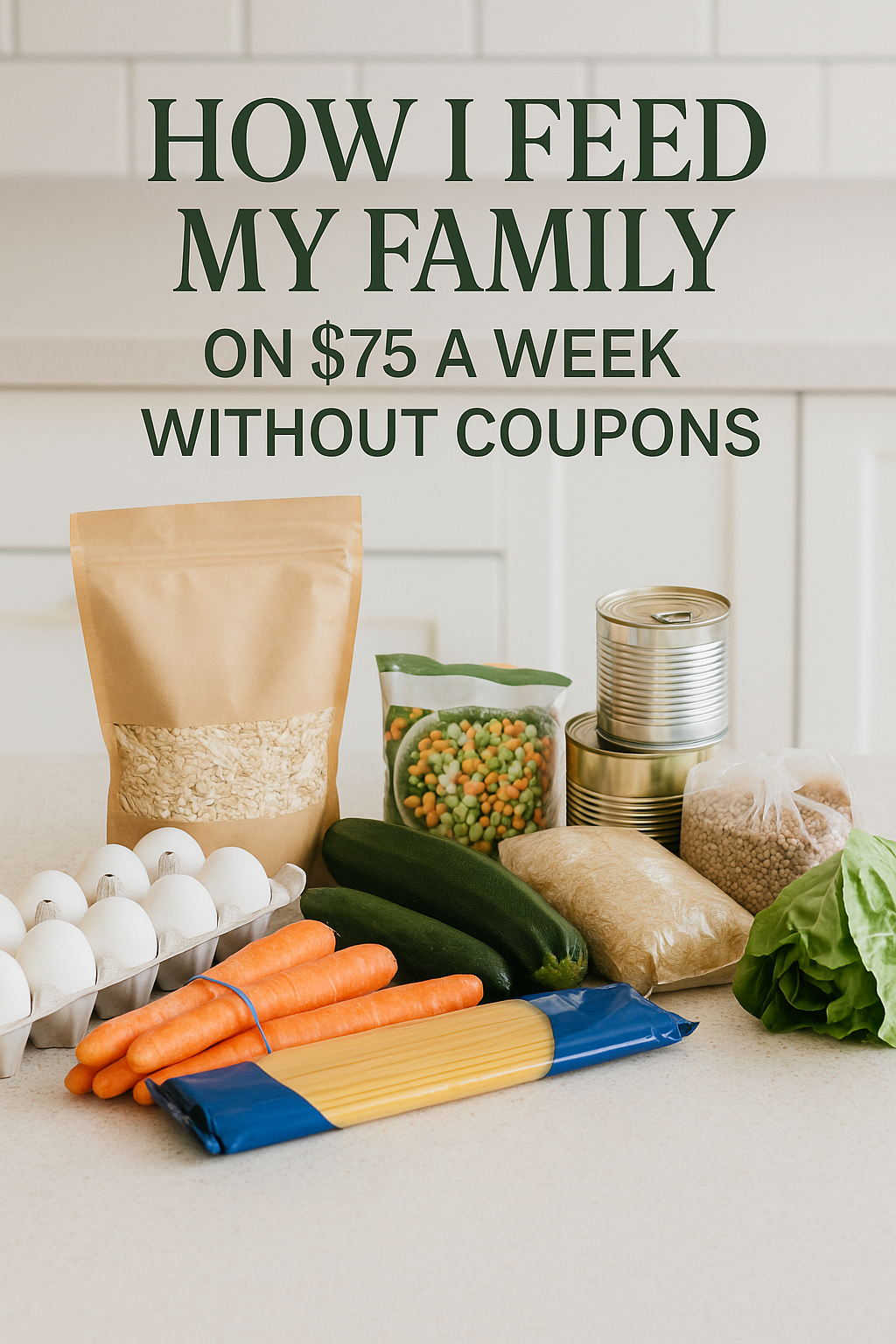 A grocery haul used to feed a family on $75 a week includes oats, rice, pasta, and fresh vegetables.
