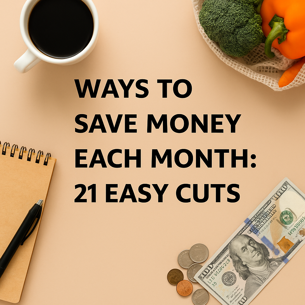Overhead photo of a notebook, money, coins, vegetables, and coffee beside the bold title 