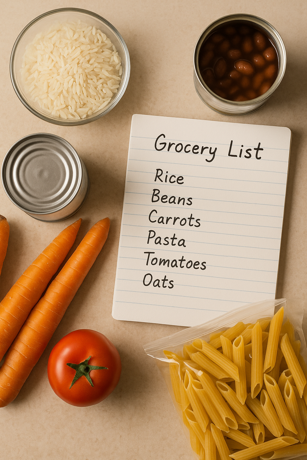 Grocery list to feed a family on $75 a week using rice, beans, carrots, and pasta