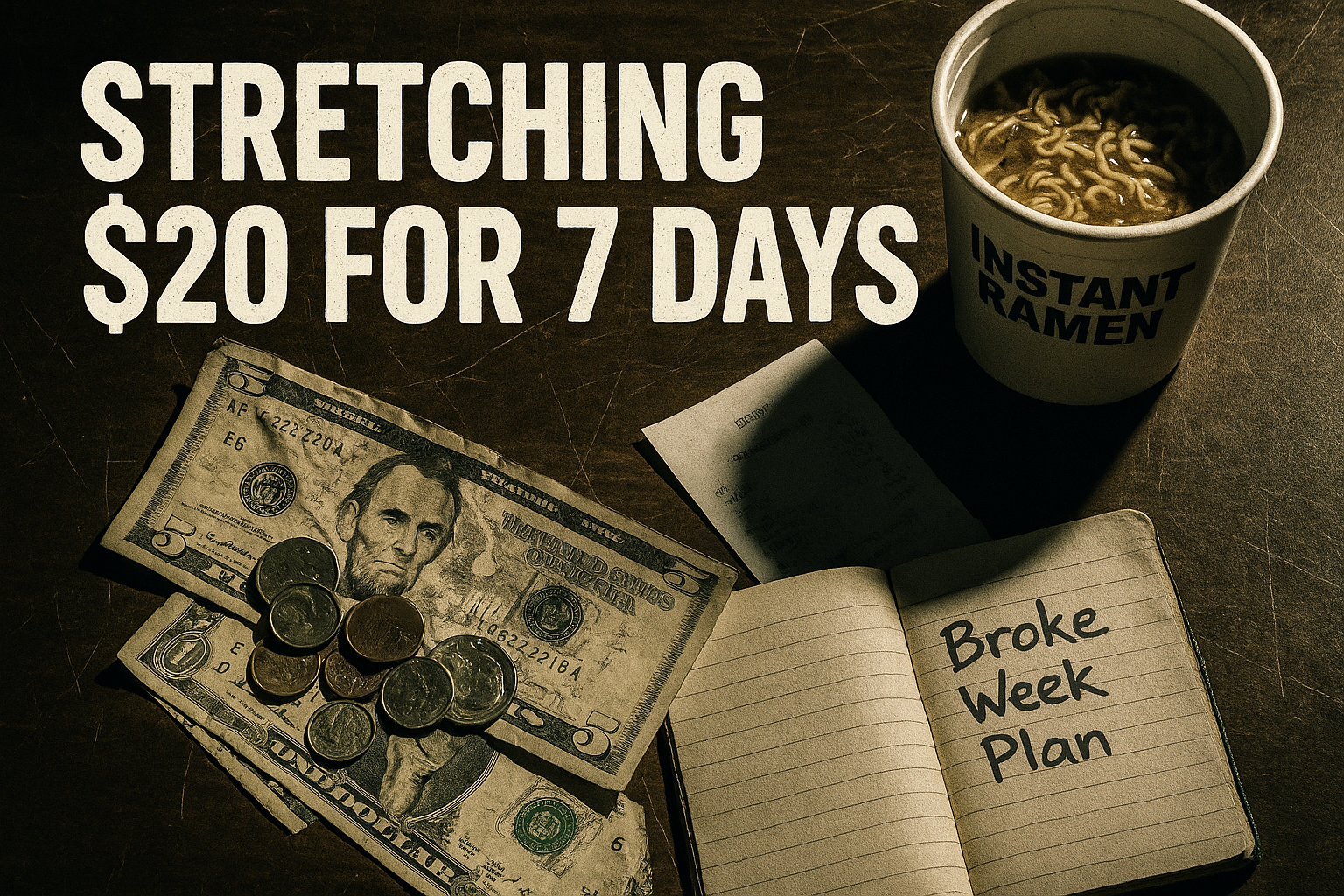 Stretching $20 for 7 Days â Broke Week Survival Image Gritty overhead photo showing instant ramen, coins, crumpled bills, and a notebook labeled 'Broke Week Plan' with bold text saying âStretching $20 for 7 Days.