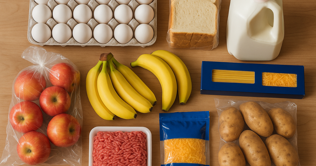 Groceries I bought for $20 when I was completely broke. A $20 grocery haul including eggs, bananas, apples, bread, milk, pasta, cheese, potatoes, and ground meat — what to eat when you're broke.