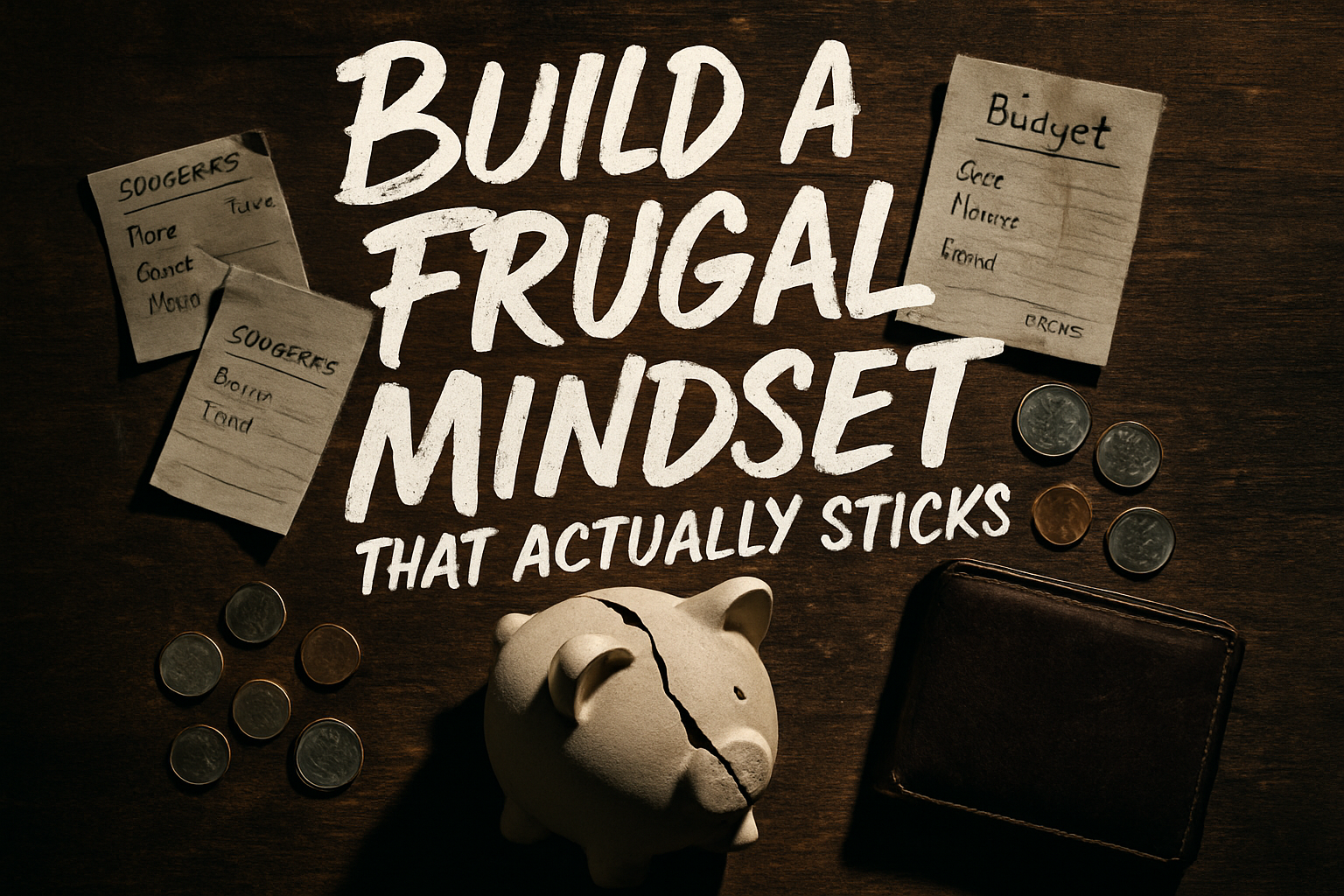A cracked piggy bank on a wooden table surrounded by budgeting notes, coins, and a wallet, symbolizing how to build a frugal mindset.