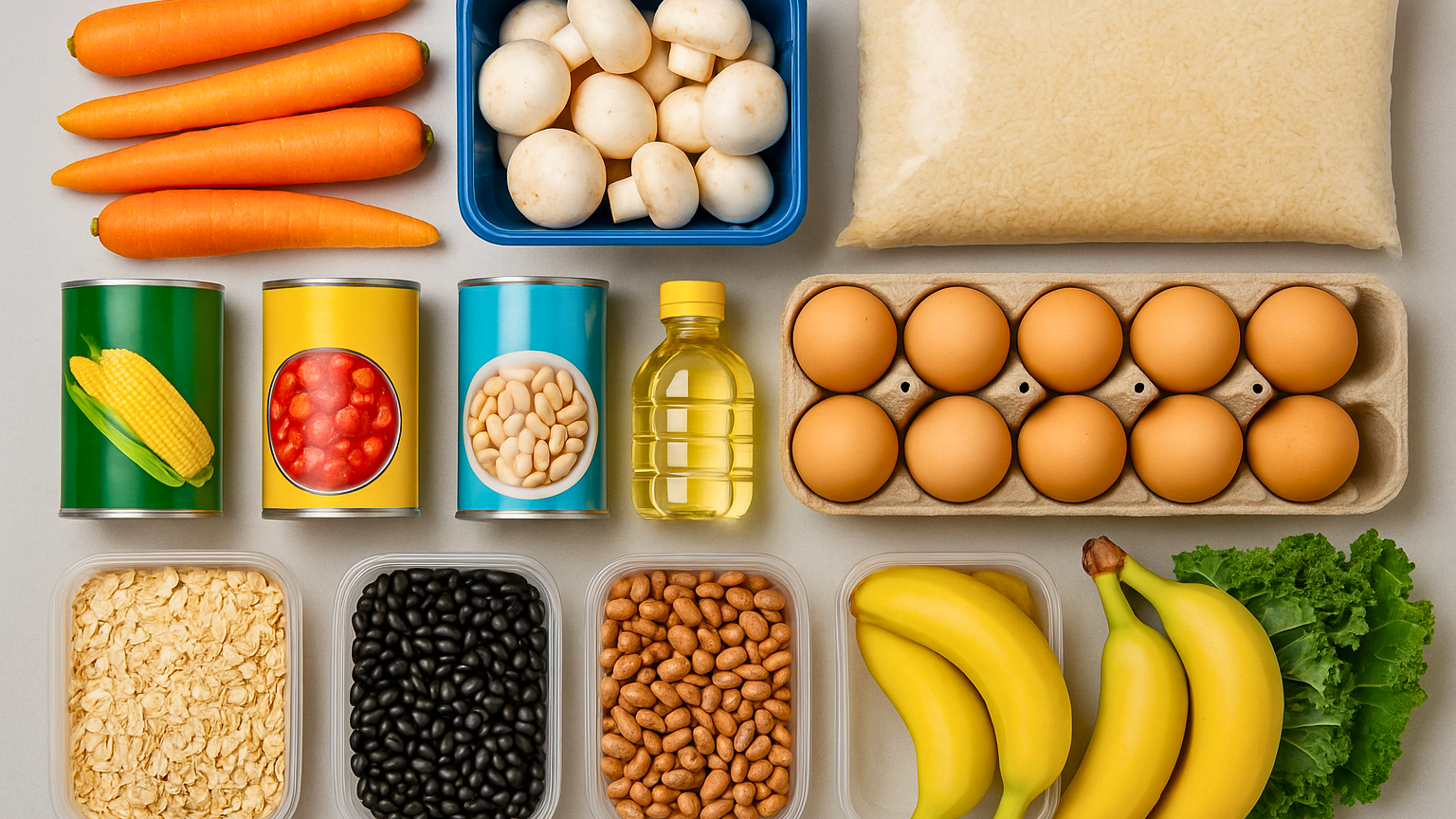 Budget-friendly grocery items for eating on $100 a week as a single person, including rice, canned goods, bananas, oats, and eggs.